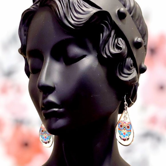 🆕MBM Tear Drop Framed Enamel Owl Earrings, Stainless Steel - Picture 6 of 10